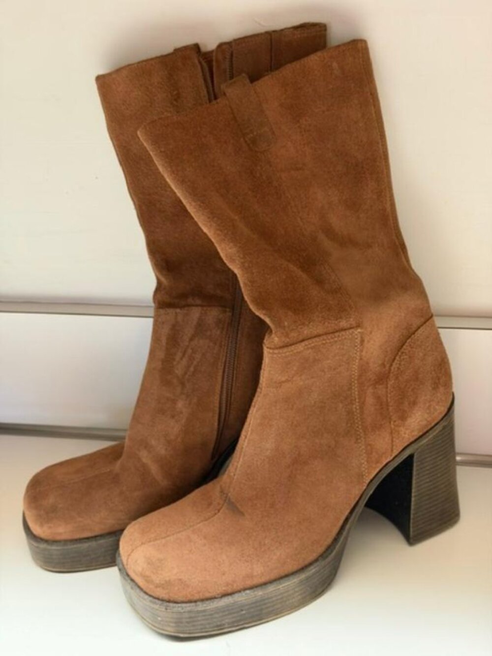 Suede Cinnamon Color Boots with Zipper Closure & Stack 4" Heels - Size 8 1/2M